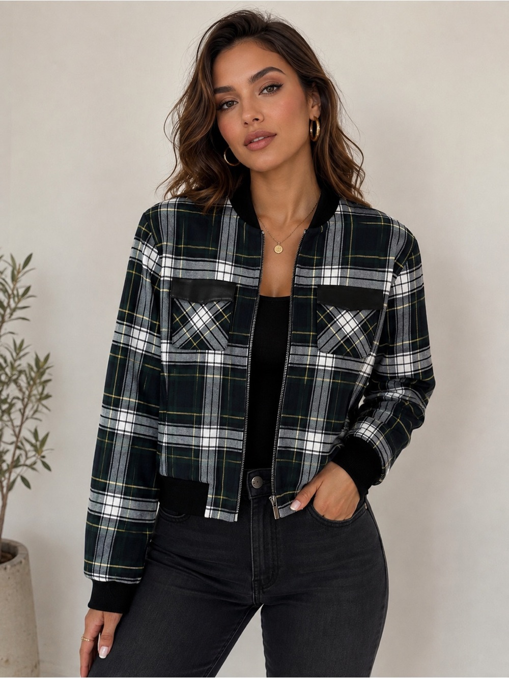 Jessie Liu Bomber Plaid Jacket Sz XS